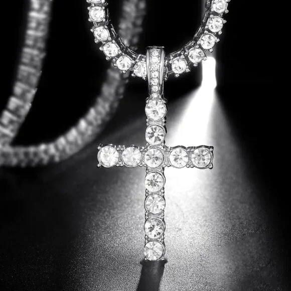 ⭐ Beautiful 2Pc 24" Diamond Necklace & Cross Pendant With 4mm Diamonds 18k ⭐ - Picture 6 of 10